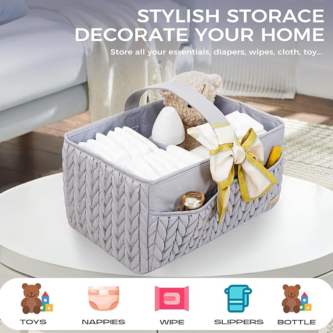 LUKJOJO Luxurious Baby Diaper Caddy, Nursery Storage Basket for Newborn Boy and Girl, Travel Baby Basket for Diapers Baby Wipes, Organizer Tote Bag Storage Bin, Baby Shower Gifts (light gray)