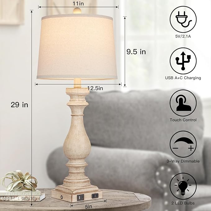 Cinkeda 29" Tall Table Lamp for Living Room Set of 2,Farmhouse Nightstand Bedside Lamps with USB C+A Ports & AC Outlet,3-Way Dimmable Touch Control Desk Lamp for Bedroom,Color 1