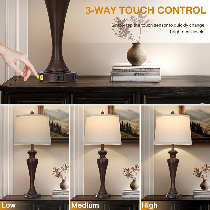 luxeflow 30" Brown Touch Table Lamps Set of 2, 3-Way Bedside Lamp with USB A+C Ports and AC Outlet, Tall Living Room Lamps for End Table, Modern Metal Bedroom Lamp for Night Stand