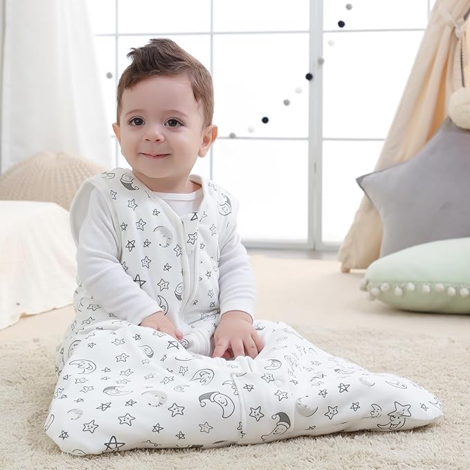 Mosebears Sleep Sack Baby Winter Wearable Blanket with 2-Way Zipper,2.5 TOG Cotton Sleep Sack Unisex (White Star, 12-18 Months)