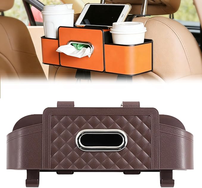 Car Organizer With Tissue Holder, Car Organizer & Storage Box, 5-in-1 Car Organizer Back of Seat, 2 Deep Cup Holders, Tissue Box Holder, Phone & Bag Hooks Zoning Storage (Brown-B)