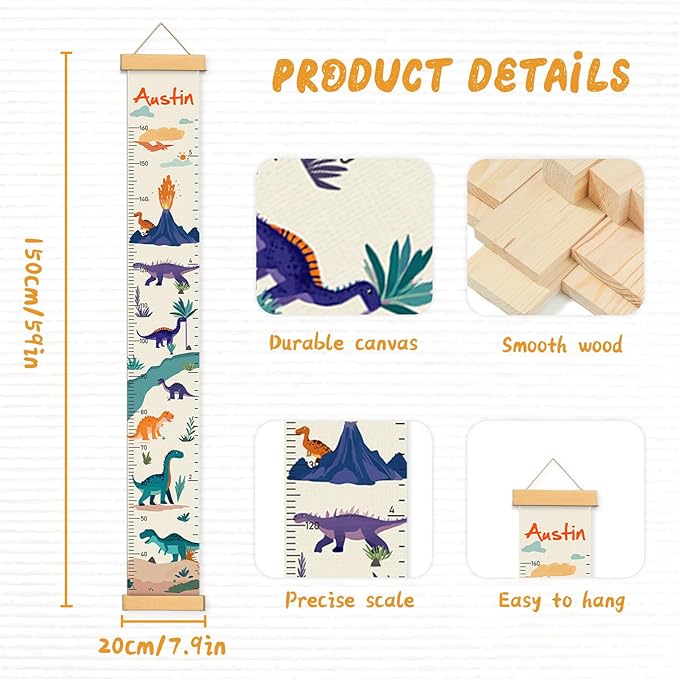 Woodemon Customize Name Canvas Growth Chart for Kids, Dinosaur Unisex Kids Room Wall Decor, Measuring Height Chart, Wall Tape with Height Chart for Kids, Foldable Height Tracker, Lightweight