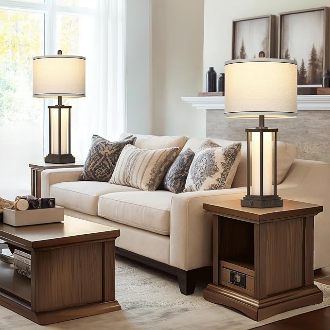 Cinkeda 27" Tall Vintage Table Lamps with USB C+A & Outlet,Brown End Table Lamp Set of 2 for Living Room,Rustic Bedside Lamps with Frosted Glass Night Light for Bedroom Nightstand,Oil-Rubbed Bronze