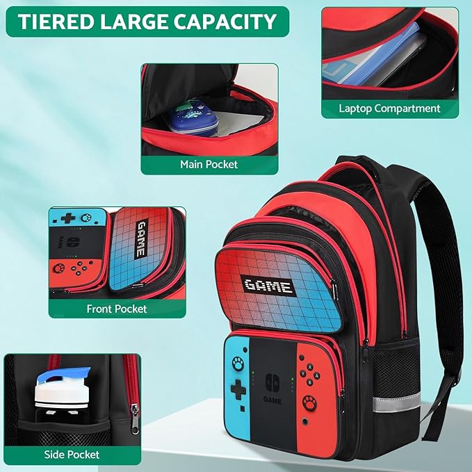 JIRAIKEI Kids Backpack For Boys，Gamer Boys Backpack For Children Teens Elementary Middle School, 17″ Students Bookbag