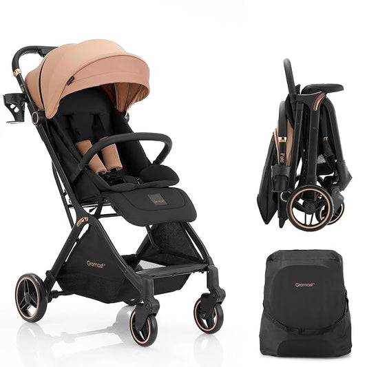Gravity Folding Baby Stroller - Portable Travel Toddler Stroller w/Adjustable Backrest, Canopy & Cup Holder, Lightweight and UV Protected, One-Hand Automatic Folding - Khaki