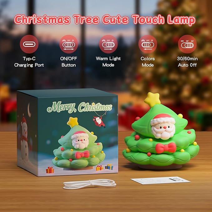 ICARER FAMILY Christmas Tree Night Light, Touch Control LED Lamp, Silicone Green with Yellow Star, USB Rechargeable, 3 Brightness with Auto-Off Feature, Indoor Bedroom Decor