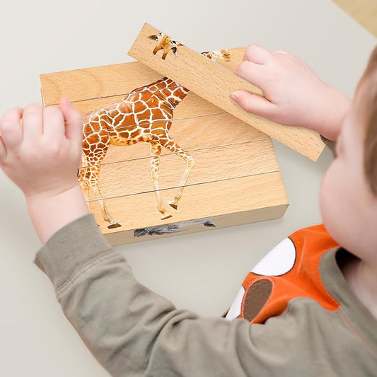 Joyreal Wooden Animal Chunky Puzzles for Toddlers, Montessori 4 in 1 Safari Animal Block Puzzle Toy, Preschool Learning Educational Interactive Toys Gift for Toddlers 2 3 4 5 6 Years Old