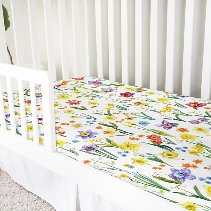 Watercolor Flowers Baby Crib Sheet 52''x28'' Colorful Floral Leaves Stretchy Fitted Crib Mattress Cover for Boy Girl Wild Plants Soft Nursery Baby Sheets for Standard Crib and Toddler Mattresses
