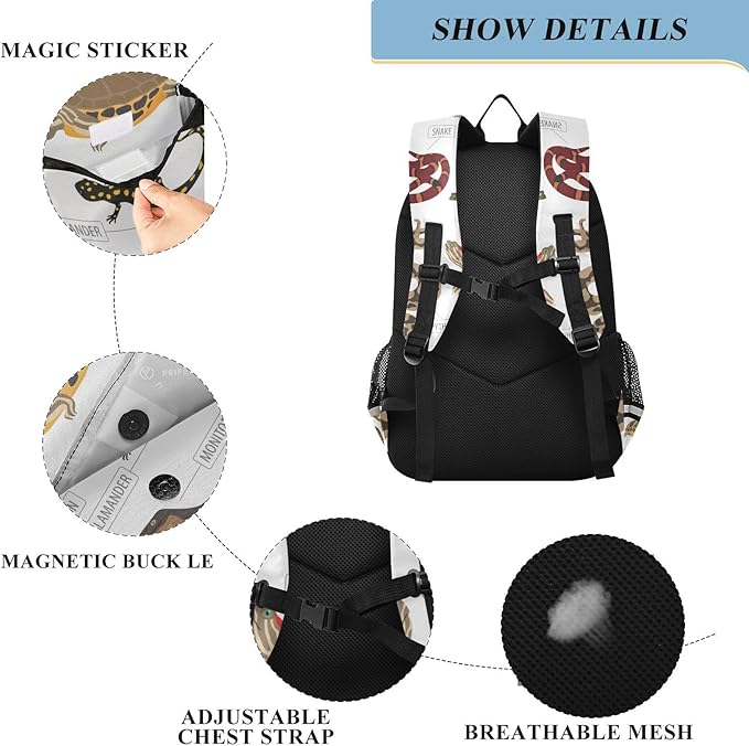 Jucciaco Pet Reptiles and Amphibians School Backpack Laptop Travel Daypack for Kids Girls Boys, Personalized Computer Notebooks Bookbag with Adjustable Padded Straps