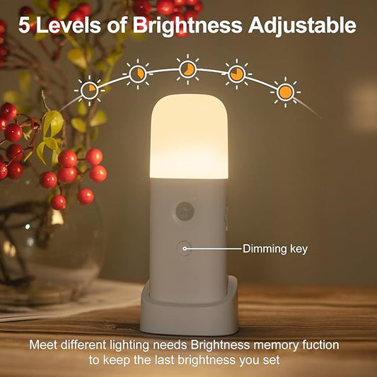 CREWEEL Motion Sensor Night Lights Indoor, Rechargeable Night Light Battery Powered, Portable Nightlight with Adjustable Brightness Activated Table Lamp for Kids, Adults(Cool White, 4Pack)