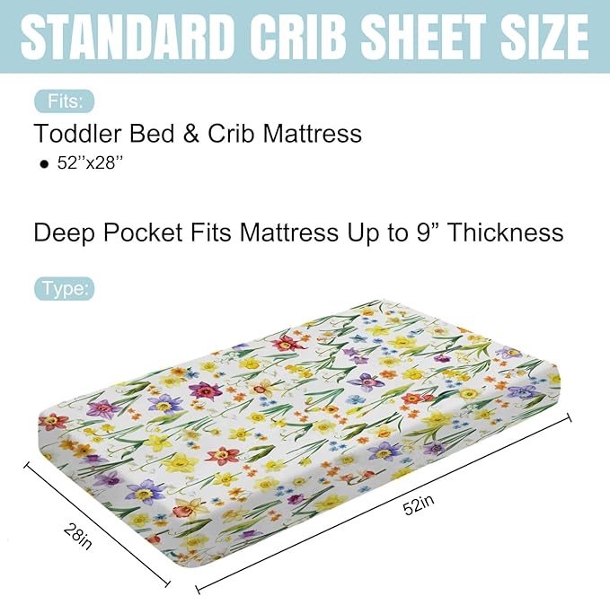 Watercolor Flowers Baby Crib Sheet 52''x28'' Colorful Floral Leaves Stretchy Fitted Crib Mattress Cover for Boy Girl Wild Plants Soft Nursery Baby Sheets for Standard Crib and Toddler Mattresses