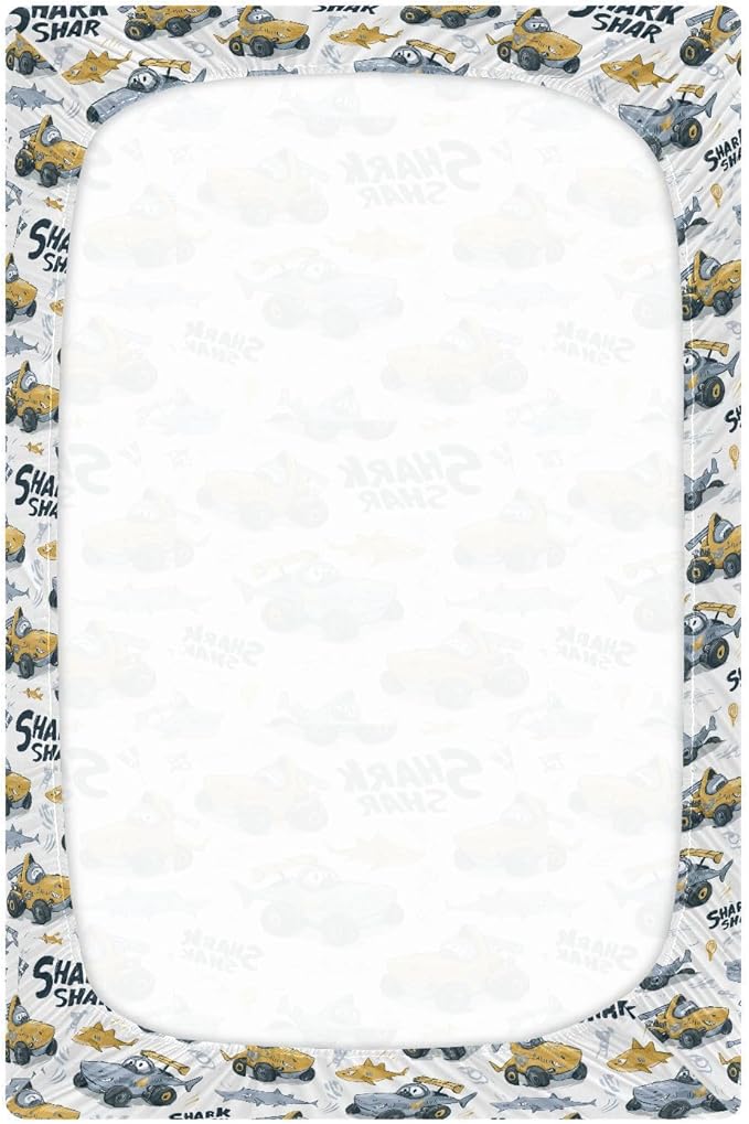 White Shark Race Cars Crib Sheets Standard Crib Toddler Mattresses Cover Fitted Baby Bed Sheet Breathable Crib Mattress Sheet for Girls Boys 52" x 28"x5''