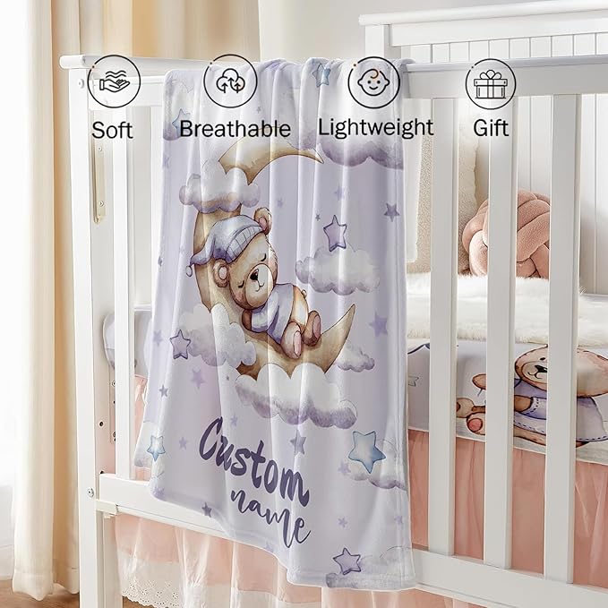 Custom Baby Crib Bedding Set, Personalized Name Moon Bear Design Crib Set 3 Pcs, Soft Double Layer Blanket, Crib Sheet & Room Rug, Ideal Nursery Decor Gift for Baby Girls Boys