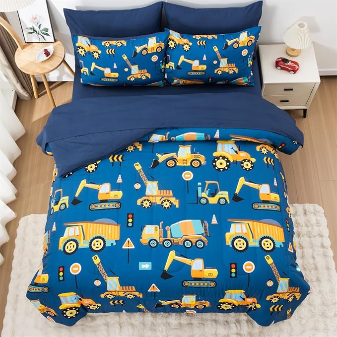 NTBED 5 Pieces Construction Truck Full Comforter Set for Boys Kids Bed in a Bag Vehicles Excavator Lightweight Microfiber Bedding Sets,Blue