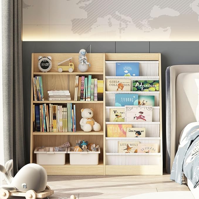 HedoAjim 4 Tier Kids Bookshelf Baby Toddler Book Rack Children Bookcase Toy Storage Organizer with 6 Sling Adjustable Shelf for Nursery Playroom Classroom Library Bedroom Natural Wood