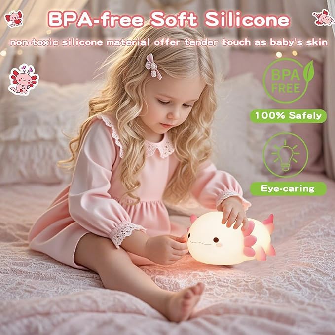 FAMIDUO Axolotl Lamp,Cute Axolotl Night Light,Dimmable Silicone Animal Nursery Night Light,Adorable Rechargeable Squishy Novelty Bedside Touch Lamp,Baby Room Decor, Axolotl Gifts for Kids/Girls