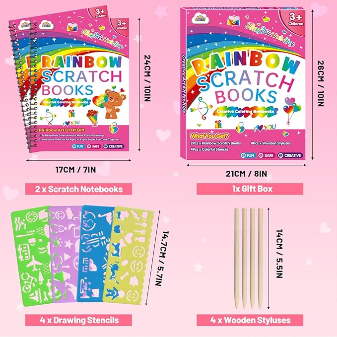 ZMLM Scratch Paper Art Craft: 2 Pack Rainbow Scratch Set for 3 4 5 6 7 8 9 10 Years Old Girls Boys Students Drawing Coloring Black Magic Art Supplies Kits Gifts School Birthday Party Toys (Valentines)