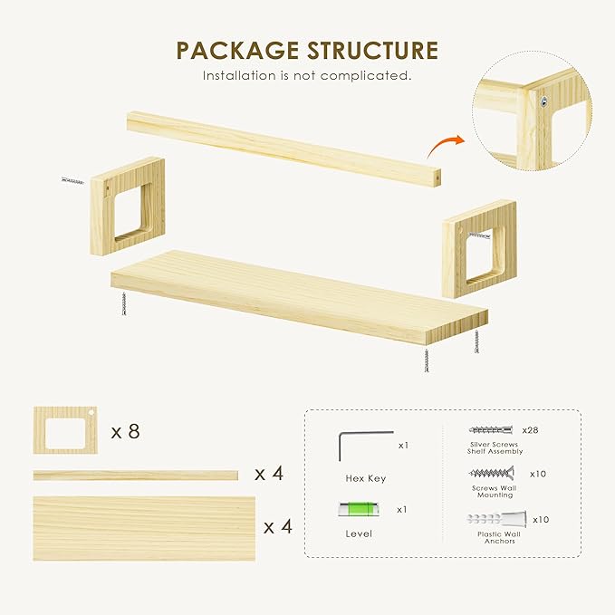 Picrit Set of 4 Natural Solid Wood Nursery Floating Shelves - Decorative Wall-Mounted Kids Bookshelf for Toy Storage & Book Display in Playroom or Kids Room, Durable Organizer