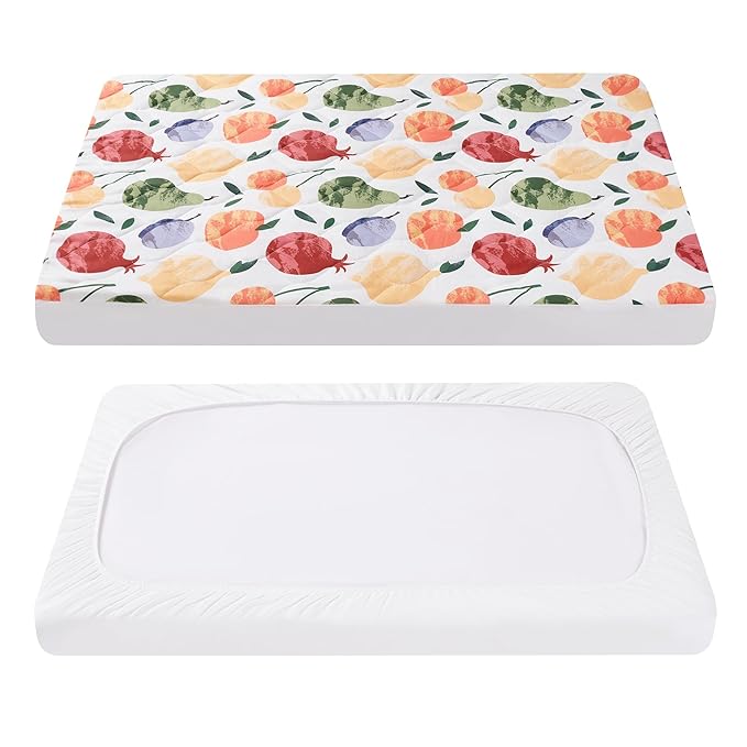 TILLYOU Pack and Play Sheet - Soft Quilted Crib Cover Pad, Toddlers Mattress Protector with 1''-3'' Deep Pocket, Thick Play Yard Playpen Sheets, Crib Mattress Pad, 39"x27", Fruit Shadow