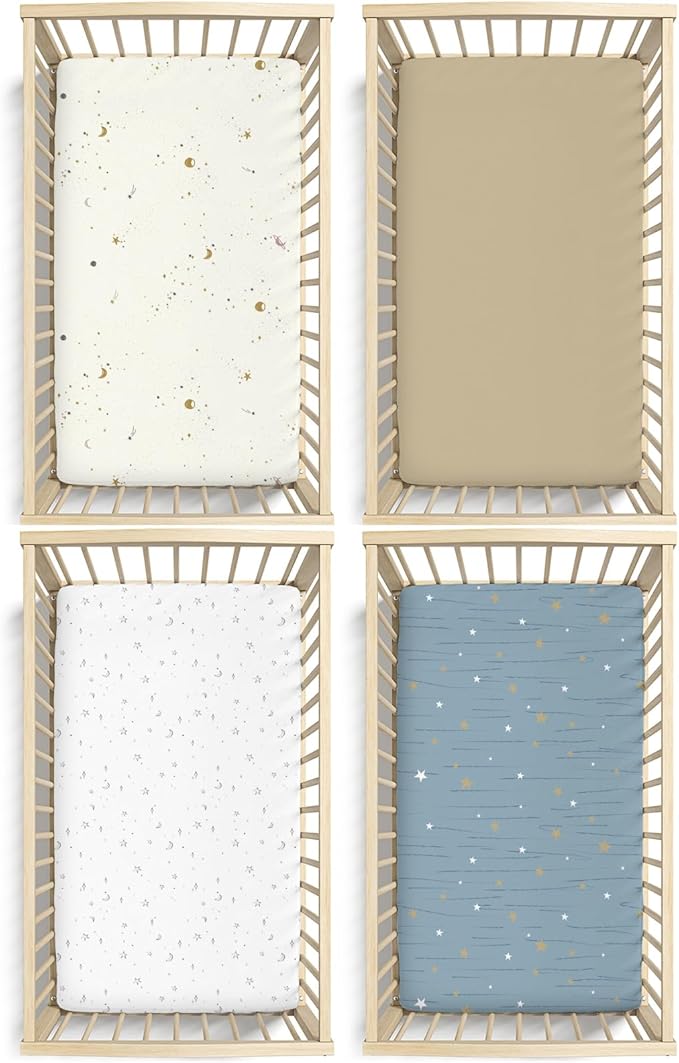 Little Grape Land Crib Sheets Baby Toddler Sheets 4 Pack Fitted for Boys Girls, Standard Size 28x52‘’ Crib Mattress, Super Soft Breathable Washable Microfiber Starry Galaxy