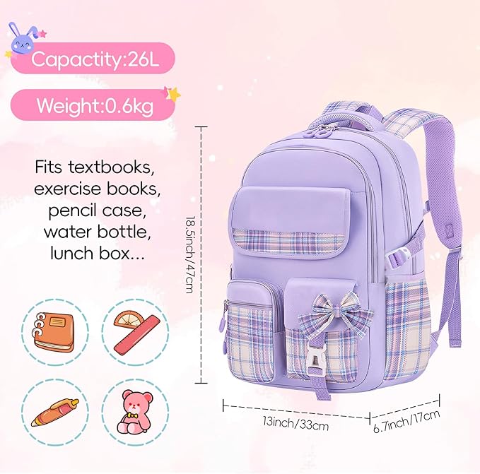 Aulenge Kids Backpack for Girls Cute Teen School Backpack Ages 8-12 with Pencil Case Set Kawaii Stitch Purple School Bookbags with Multiple Pockets for Primary & Middle School Students