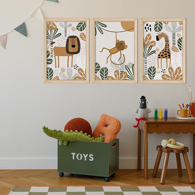 YWJKWLGS Kids Safari Animal Wall Art Set of 3 - Cartoon Lion Monkey Giraffe Prints - 11x16 inch Wood Framed Nursery Decor for Baby/Toddler Room - Boho Jungle Theme Kids Room Wall Decor (Wood)