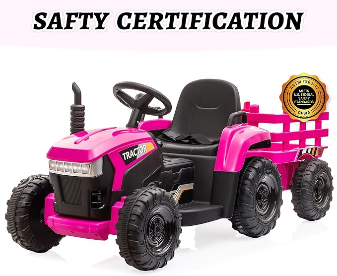 TOBBI Kids Electric Ride On Toy Tractor, Toddlers 12V Battery-Powered Car to Drive, 35W Dual Motor 6-Wheels Trailer Vehicle with 3-Speeds/LED & Horn Functions for Chirdren Aged 3-6-Pink