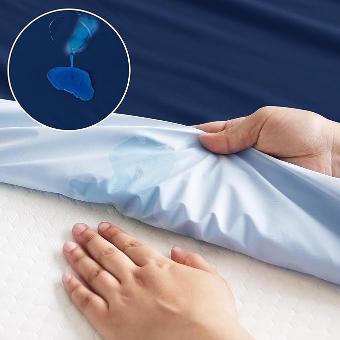 2 Pack Mattress Protector & Waterproof Bed Sheet, Machine Washable 18" Deep Pocket Queen Size Covers, Navy Blue