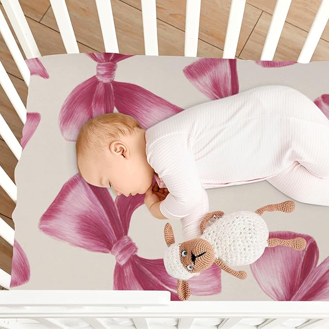 Deep Pink Ribbon Bows Crib Sheets Standard Crib Toddler Mattresses Cover Fitted Baby Bed Sheet Breathable Crib Mattress Sheet for Girls Boys 52" x 28"x5''