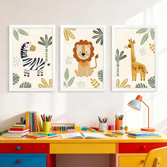 Cute Zebra Lion Giraffe Quote Framed Wall Art Set of 3, 11x16 Boho Educational Animal Wall Sign for Baby Girl Kid Boy Toddlers, Wooden Inspirational Nursery Wall Decor White