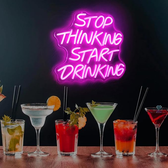 LYUODRE Stop Thinking Start Drinking Neon Sign Pink Neon Signs for Wall Decor Man Cave LED Neon Lights up Letters for Bar Pub Restaurant Birthday Party Gift Led Art Wall Decorative Crs Light Bar Sign, 5V Usb Powered,13.38"L x 12.99"W)