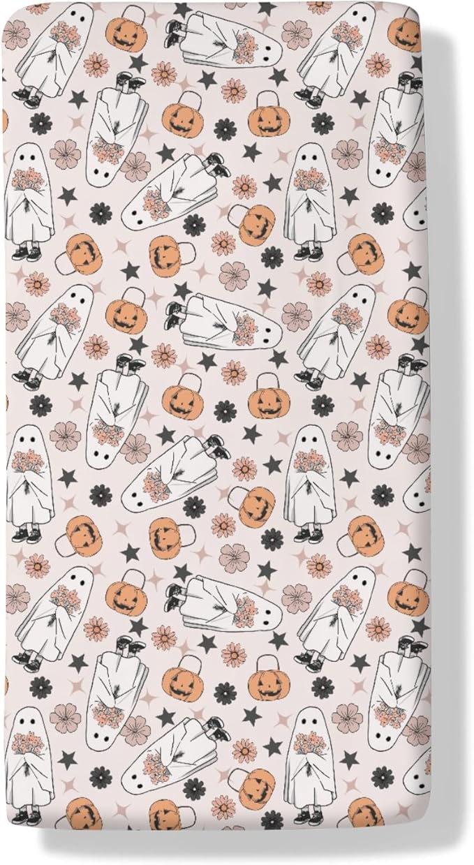 Boho Floral Halloween Pumpkin Spooky Baby Crib Sheets Sweet Gothic Soft Baby Sheets Spooky Season Fitted Crib Mattress Cover for Standard Crib and Toddler Mattress 52"x28"