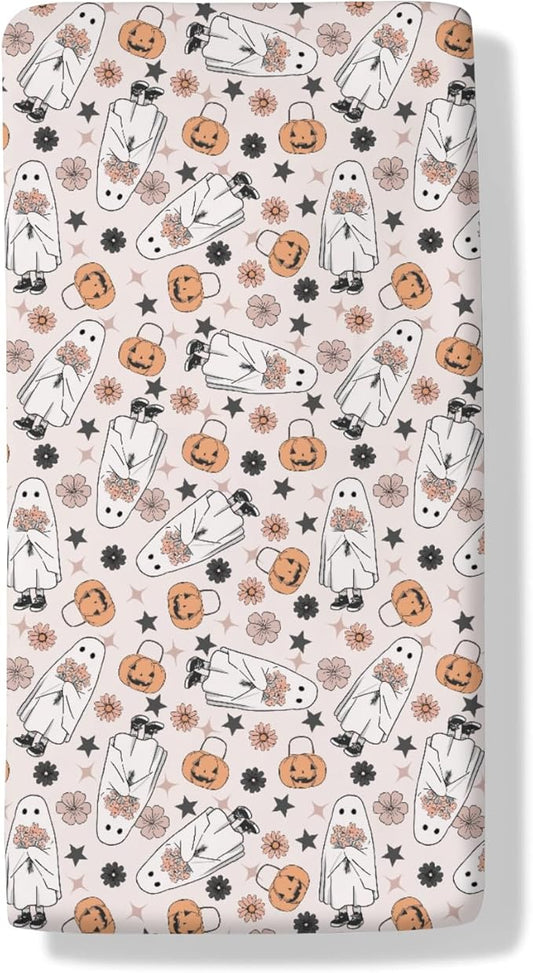 Boho Floral Halloween Pumpkin Spooky Baby Crib Sheets Sweet Gothic Soft Baby Sheets Spooky Season Fitted Crib Mattress Cover for Standard Crib and Toddler Mattress 52"x28"