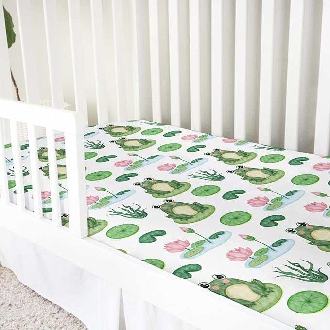 Funny Frogs Flower Leaves Pond Baby Crib Sheets 52''x28'' Water Lilies Lake Stretchy Fitted Crib Mattress Covers for Boy Girl Animal Soft Nursery Bed Sheets for Standard Crib and Toddler Mattresses