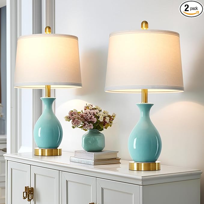 luxeflow 24" Bedroom Table Lamps Set of 2, Modern Classic Ceramic Lamps for Living Room, Small Bedside Table Lamp for Nightstand or End Table, Aqua Blue (2 LED Bulbs Included)