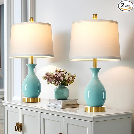 luxeflow 24" Bedroom Table Lamps Set of 2, Modern Classic Ceramic Lamps for Living Room, Small Bedside Table Lamp for Nightstand or End Table, Aqua Blue (2 LED Bulbs Included)