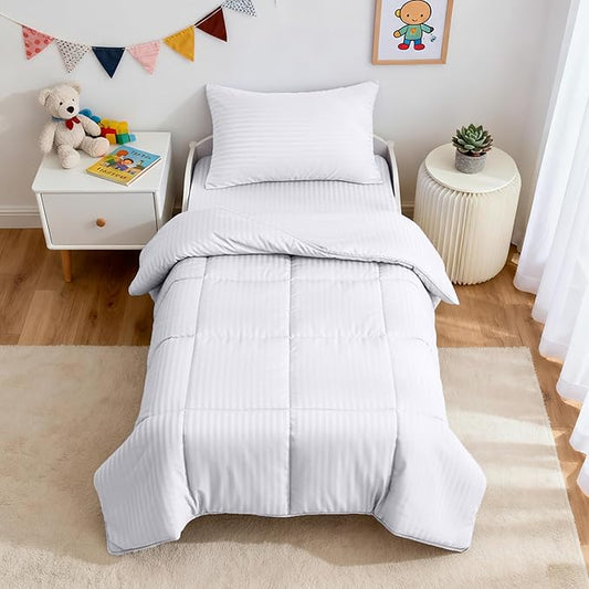 ZPECC Toddler Bedding Set - 4 Piece Hypoallergenic Baby Crib Bedding Set for Boys and Girls, Includes Toddler Comforter, Flat Sheet, Fitted Sheet and Pillowcase, White Stripe