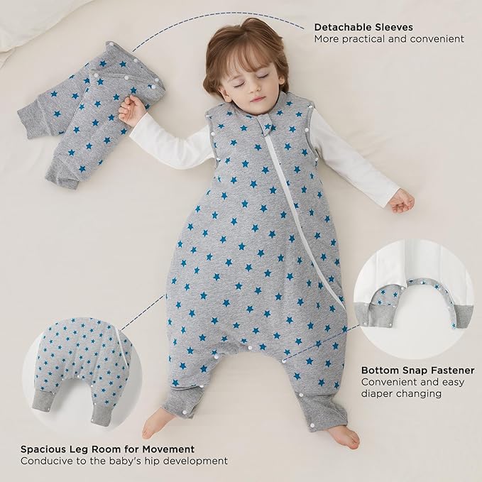 Duomiaomiao 3.5 TOG Toddler Sleep Sack 6-12 Months 100% Cotton Winter Side Open Zipper Baby Sleep Sack with Feet, Warm Toddler Wearable Blanket