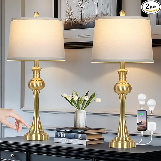 Cinyirong 28.75" Gold Table Lamps for Living Room,Touch Lamps for Bedrooms Set of 2 - Nightstand Table Lamp with USB C+A, 3 Way Dimmable Bedside Lamps End Tables, Antique Brass