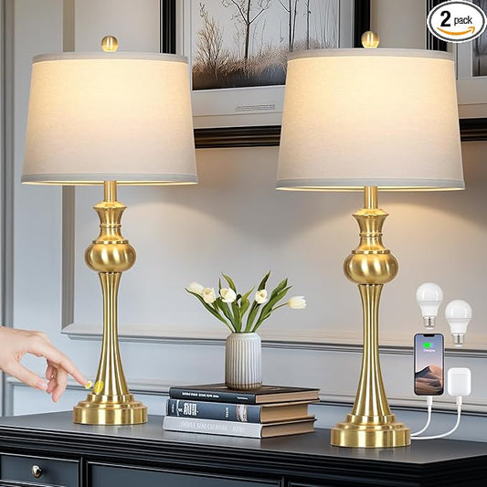 Cinyirong 28.75" Gold Table Lamps for Living Room,Touch Lamps for Bedrooms Set of 2 - Nightstand Table Lamp with USB C+A, 3 Way Dimmable Bedside Lamps End Tables, Antique Brass