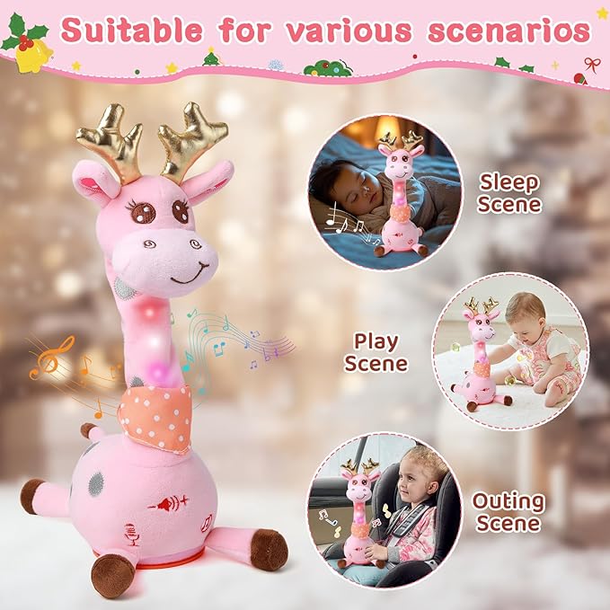 Dancing Talking Giraffe with Golden Antlers Toy, Stuffed Animal Baby Toy Repeating What You Say, Glowing Musical Electronic Giraffe with Golden Anlters Gifts for Toddlers 1-3 Years Old (Pink)