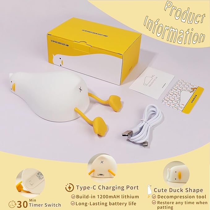 LiuXxdym Lying Flat Duck Night Light, Cute Silicone Light Up Duck, 3 Level Dimmable Nursery Nightlight, LED Duck Lamp, Rechargeable Bedside Touch Lamp for Breastfeeding Toddler Baby Kids Decor