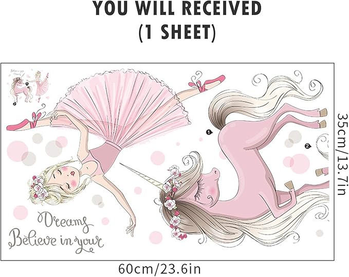 ROFARSO Colorful Cute Lovely Wall Stickers for Kids Peel and Stick Removable Wall Decals DIY Decorations Decor for Nursery Baby Girls Bedroom Playroom Living Room (Ballet Girl with Unicorn)