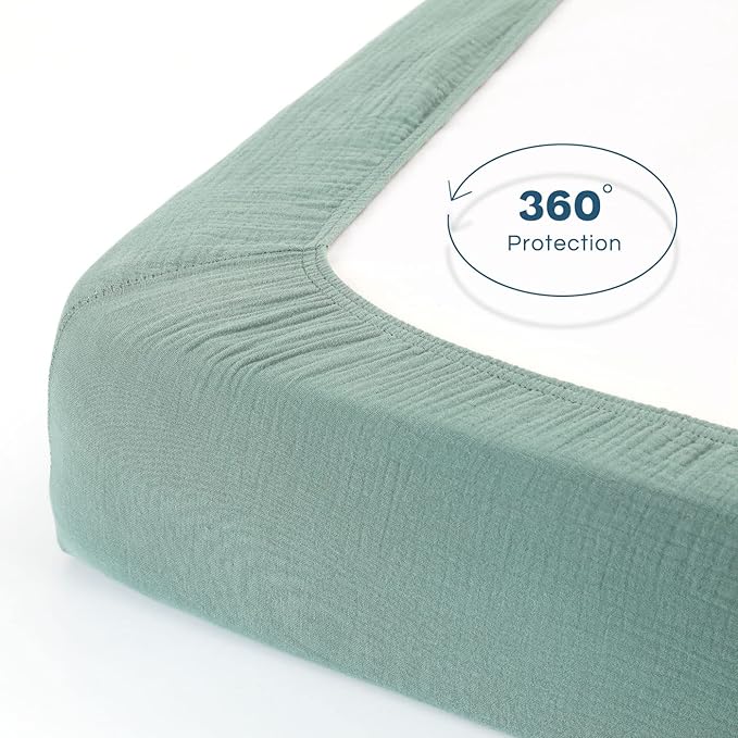 GRSSDER Soft Muslin Crib Sheet 2 Pack, 100% Cotton Crib Sheets for Boys and Girls, Fit Standard Crib Mattresses 52" x 28" Safe and Snug, Light Gray/Roman Green