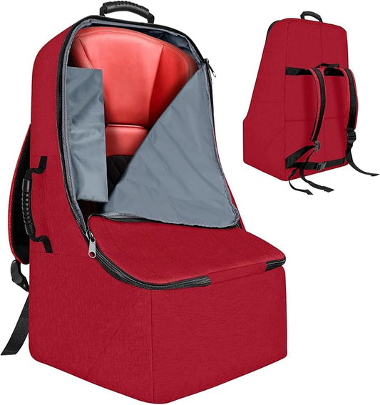 ZRRAJOY Padded Car Seat Travel Bag for Airplane, Heavy Duty Backpack for Air Travel, Water-Resistant Carrier with Shoulder Strap, Fits Most Car Seats (Red)