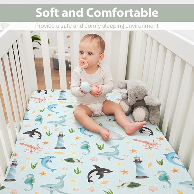 Colorful Ocean Animals Baby Crib Sheets for Boy Girl 28"x52" Sea Horse Whale Dolphin Turtle Lighthouse Soft Snug Fitted Crib Mattress Cover Nautical Baby Sheet for Standard Crib & Toddler Mattress