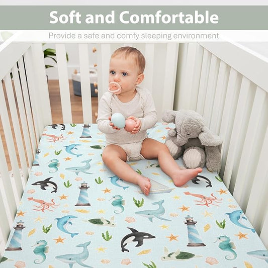Colorful Ocean Animals Baby Crib Sheets for Boy Girl 28"x52" Sea Horse Whale Dolphin Turtle Lighthouse Soft Snug Fitted Crib Mattress Cover Nautical Baby Sheet for Standard Crib & Toddler Mattress