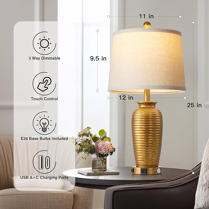 CINSARY 25" Retro Gold Farmhouse Jar Table Lamps Set of 2, 3 Way Touch Control Rustic Bedside Lamps with USB A+C Ports & AC Outlet, Pot Nightstand Lamps for Bedroom Living Room (LED Bulbs Included)