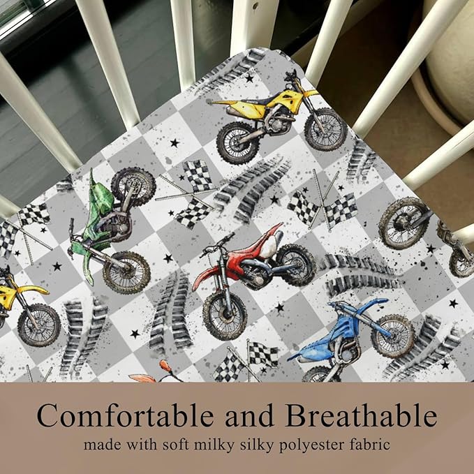Vintage Motor Bike Checkered Fitted Crib Sheet for Baby Girls Boys 52x28Inch Motorcycle Race Flag Stars Baby Sheet for Standard Crib and Toddler Mattress Racing Vehicles Bed Sheets
