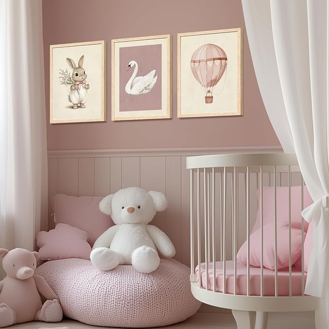 Hianan Pink Baby Girl Nursery Wall Decor Cute Bunny Wall Art Cozy Rabbit Canvas Artwork Elegant Swan Poster Prints Vintage Hot Air Balloon Painting Prints for Kid's Room Baby Room Wood Framed 12"x16"x3